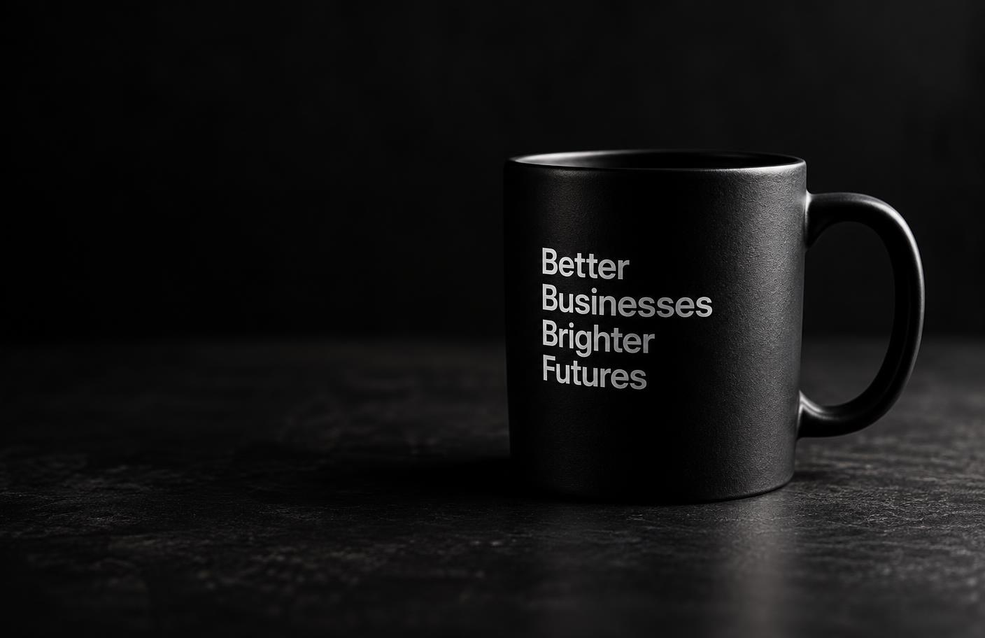 A black mug reading Better Businesses Brighter Futures
